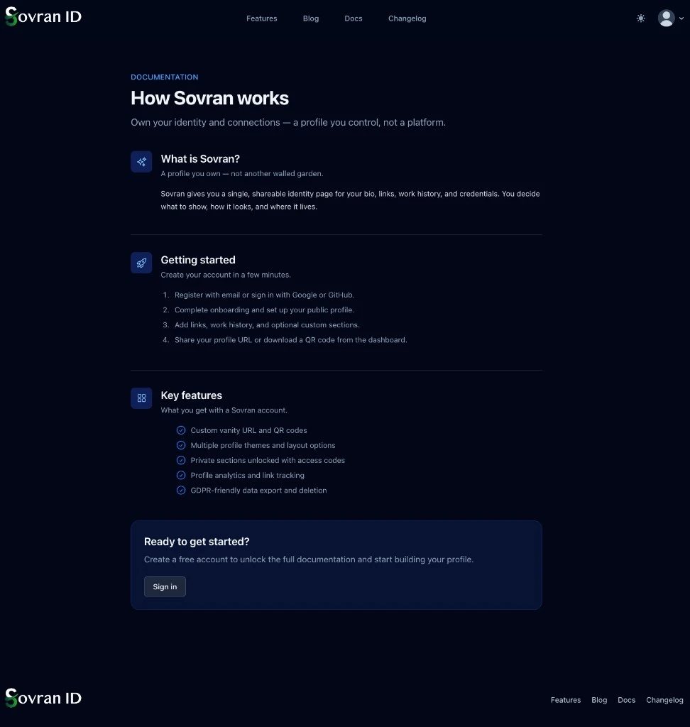 Archived documentation page — how Sovran works, getting started, and key features