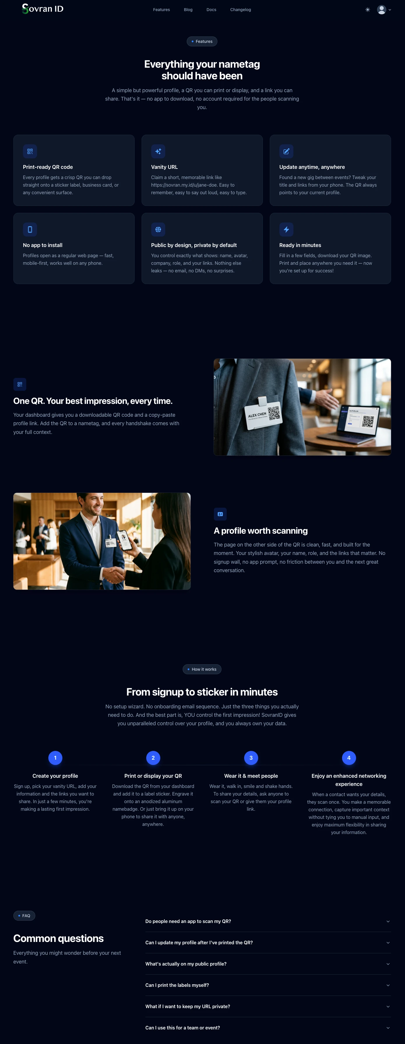 Archived features page — QR-based networking profiles for events and meetups